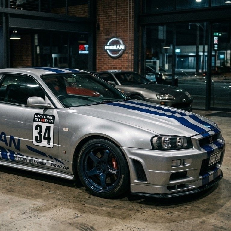 Silver Nissan Skyline GT-R R34 with blue graphics parked outside a Nissan storefront — representative service imagery.