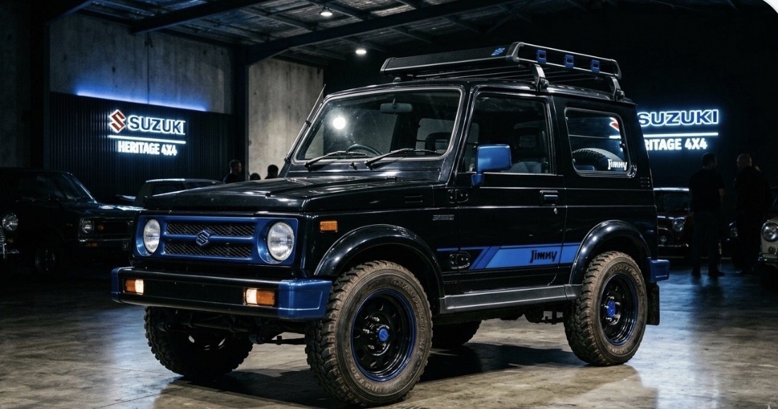 Black Suzuki Jimny with blue trim at a Suzuki Heritage 4x4 showcase — representative service imagery.