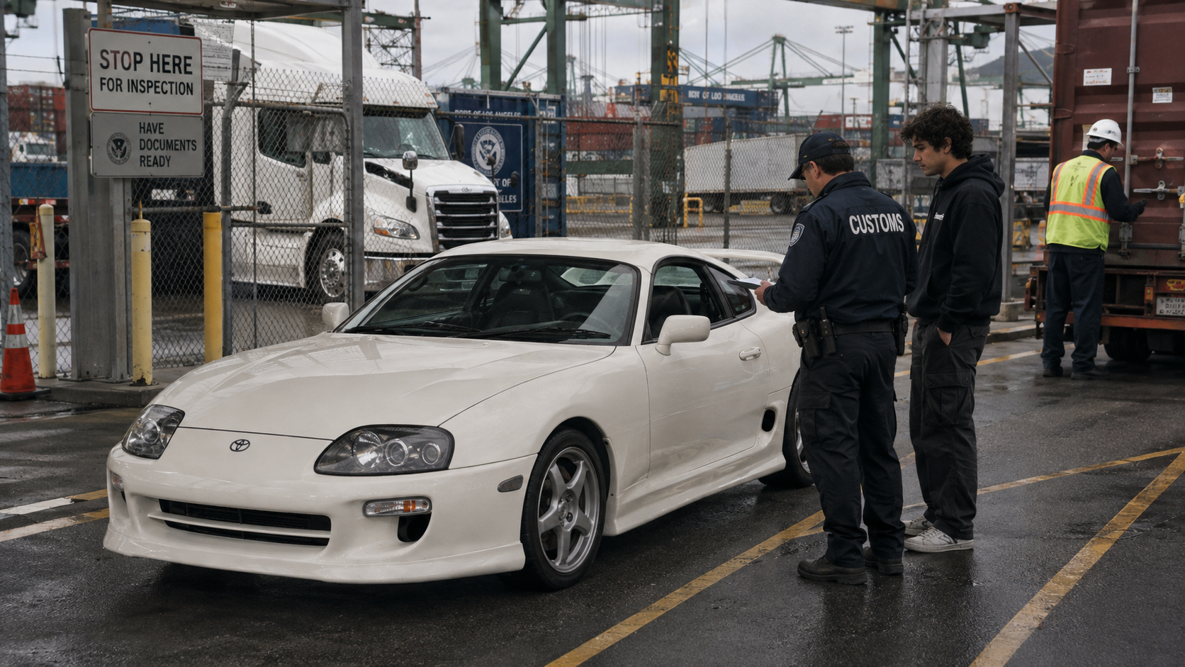 White Toyota Supra at a U.S. customs inspection point with a customs officer and a driver—representative service imagery.